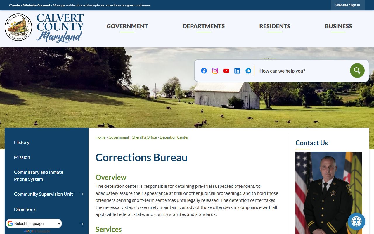 Calvert County Detention Center inmate population and custody information page