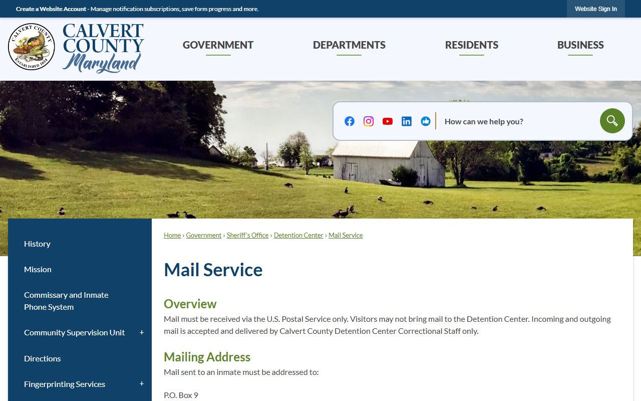 Calvert County inmate mail service rules