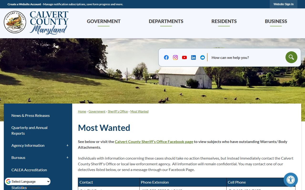 Calvert County Most Wanted page separate from jail mugshots