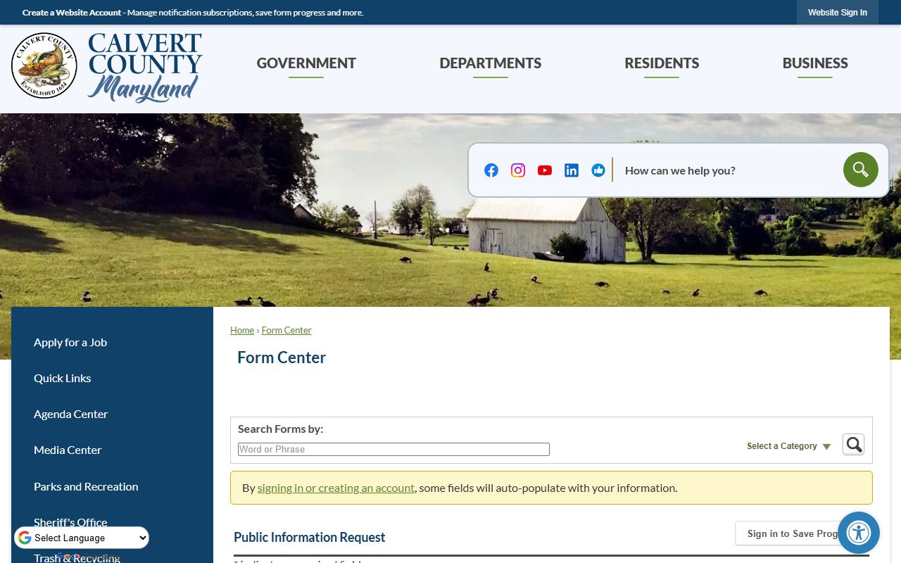 Calvert County public information request form for inmate records