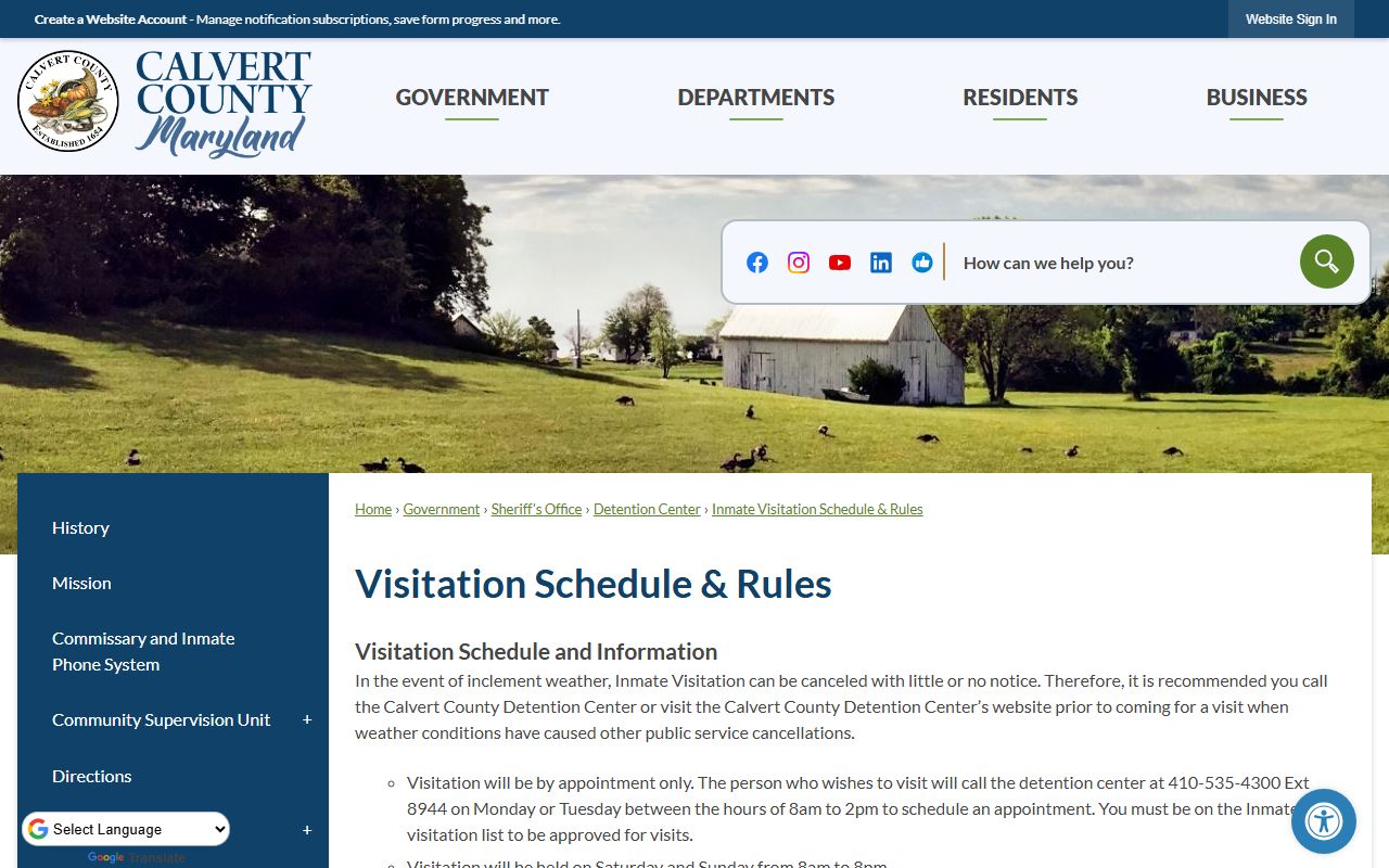Official Calvert County inmate visitation schedule and rules page